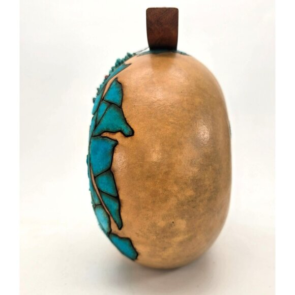 M & K Doolittle Handcrafted Gourd Art Decor With Turquoise Mosaic Wood Top je126 - Picture 10 of 14